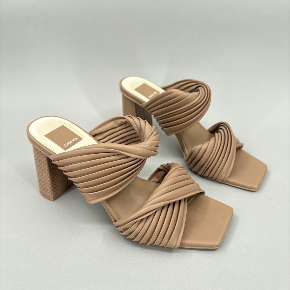 Dolce Vita Sandals Shoes Womens Size 7.5 Beige Pleated Strap Block Heel Slide